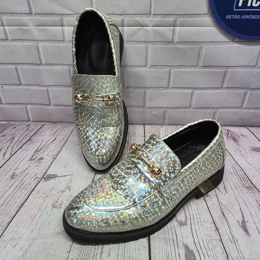 Silver Holographic Bit Loafers Metallic Prismatic Slip On Shoes 509 Size 40